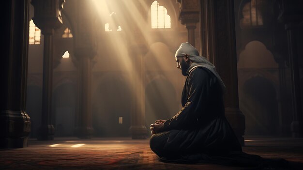 Photo muslim man praying inside the mosque ramadan kareem eid mubarak