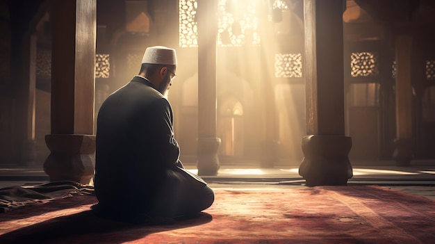 Photo muslim man praying inside the mosque ramadan kareem eid mubarak