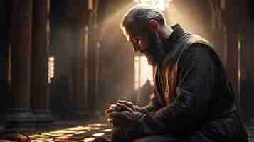 Photo muslim man praying inside the mosque ramadan kareem eid mubarak