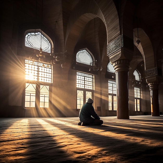 Photo a muslim man praying inside the mosque