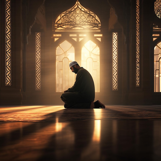 Photo a muslim man praying inside the mosque