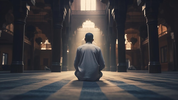 Muslim man praying in the mosque Ramadan Kareem background 3d rendering