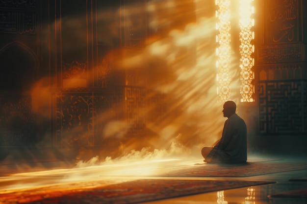 무슬림 남자가 빛 광선 배경으로 모스크에서 기도하고 있다