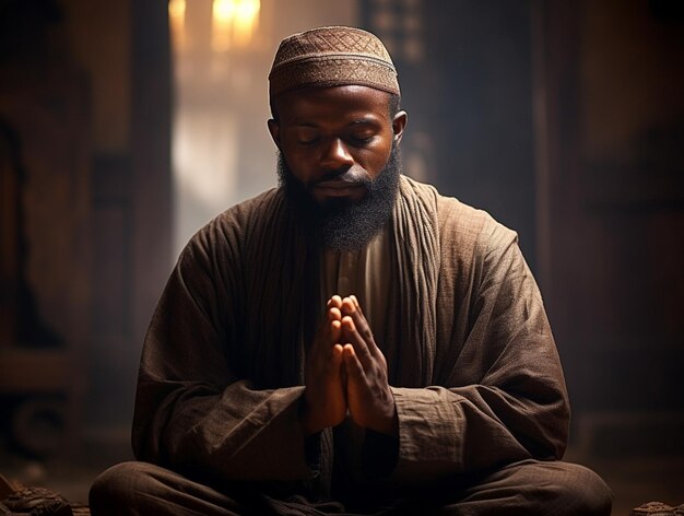 Photo muslim man praying in mosque