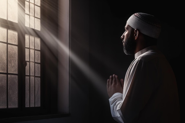 Photo a muslim man prays in front of a window