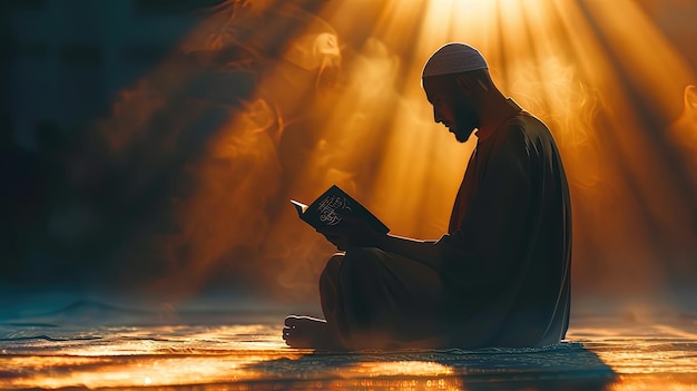 Foto uomo musulmano che legge il corano al tramonto ramadan kareem sfondo ai generativo