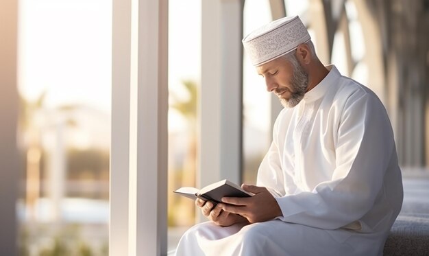 Muslim man reading the Quran in a peaceful mosque