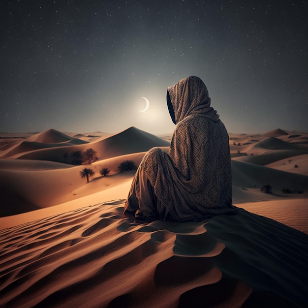 Muslim man sitting alone in a desert