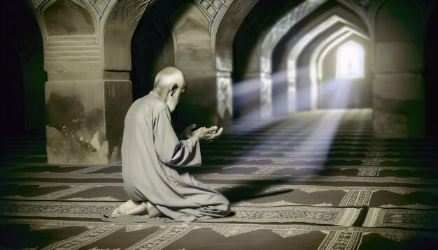 Muslim Man Sitting on Prayer Mat in Mosque