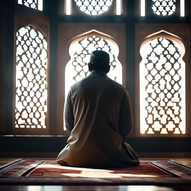 muslim man sitting on prayer mat in mosque