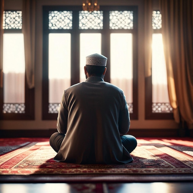 muslim man sitting on prayer mat in mosque