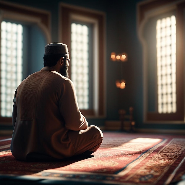 muslim man sitting on prayer mat in mosque