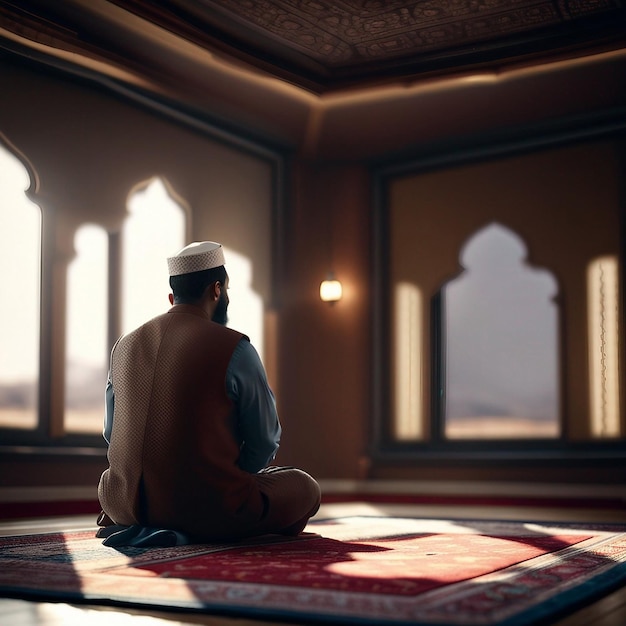 muslim man sitting on prayer mat in mosque