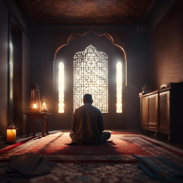 muslim man sitting on prayer mat in mosque