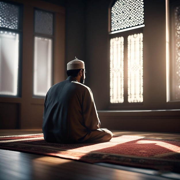 muslim man sitting on prayer mat in mosque