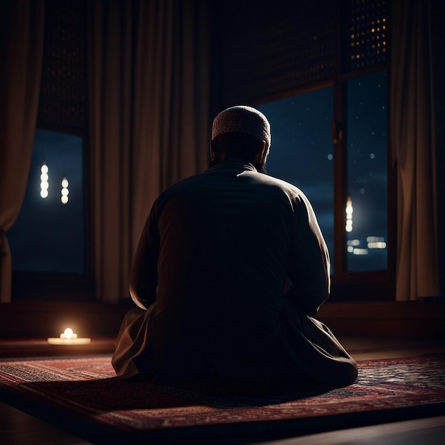 muslim man sitting on prayer mat in mosque