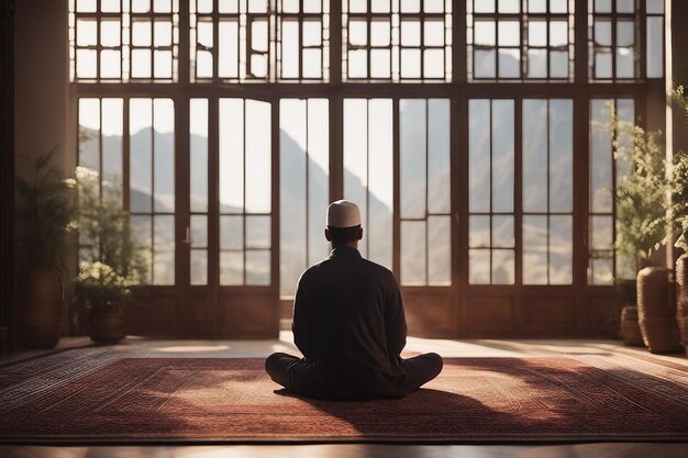 muslim man sitting on prayer mat in mosque