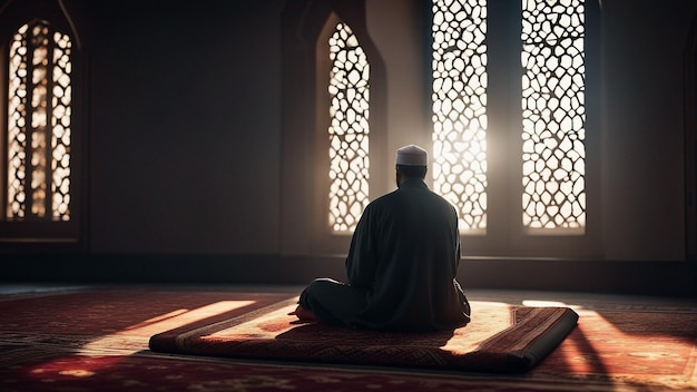 Мусульманин сидит на молитвенном коврике в мечети