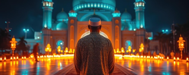 Photo muslim man standing in front of the mosque at night