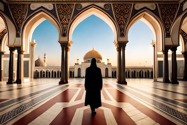 A muslim man stands in front of a mosque.