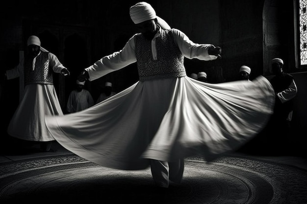 A Muslim man in traditional clothes is dancing in the mosque