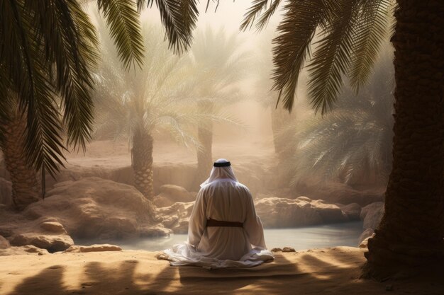 Photo a muslim man in traditional clothes sitting in a desert surrounded by palm trees