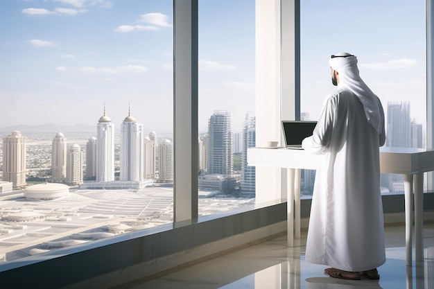 a muslim man in traditional white working on a laptop with city view