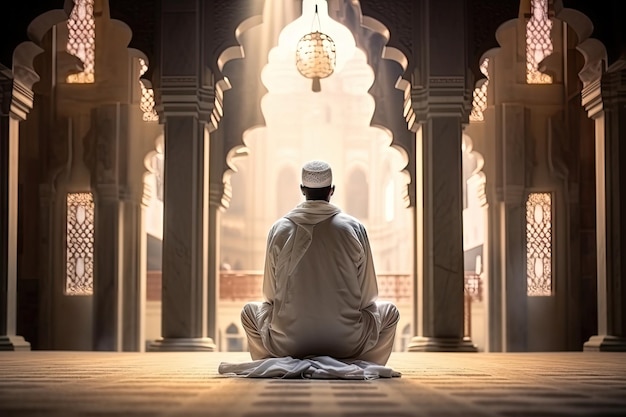 Photo a muslim man in white traditional clothes sitting in a masjid on floor