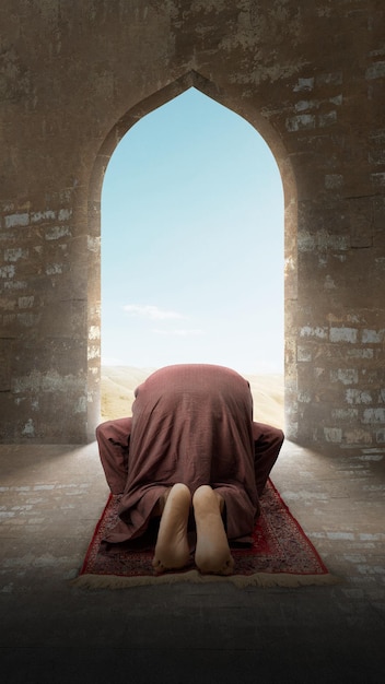 Muslim man with a beard wearing keffiyeh with agal in praying position salat on the prayer rug