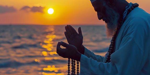 Photo muslim man with rosary beads praying at sunset