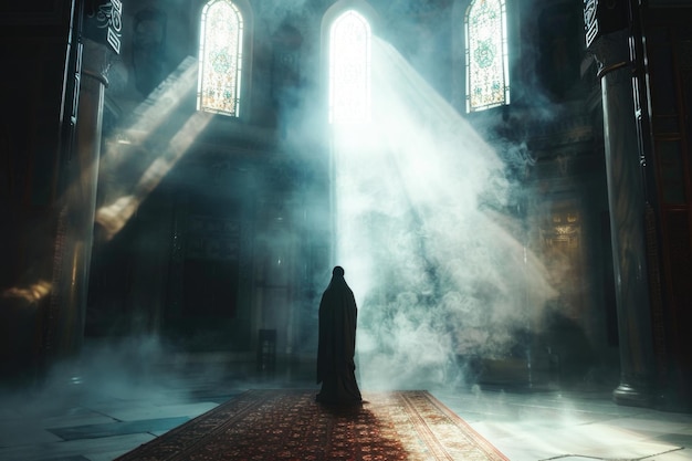 Muslim man worships and prays in old mosque silhouette