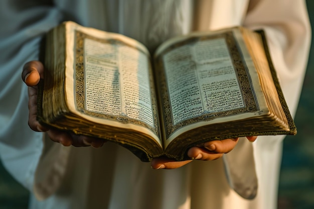 Photo muslim mans hand holding quran