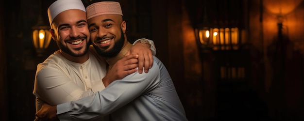 イスラム 教徒 の 男性 たち は 友情 の ため に 抱きしめ合っ て い ます