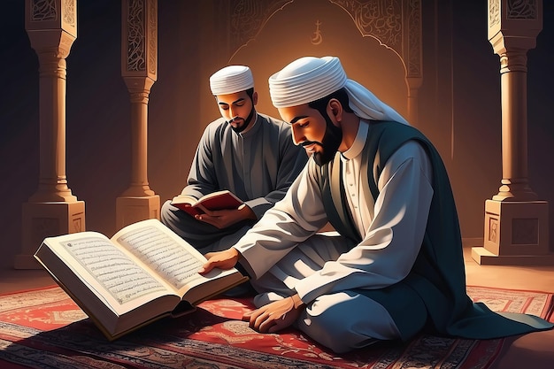 Photo muslim men reading the holy quranvector