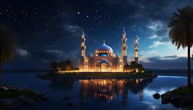 Muslim Mosque building landscape architecture at night with beautiful sky stars lake water