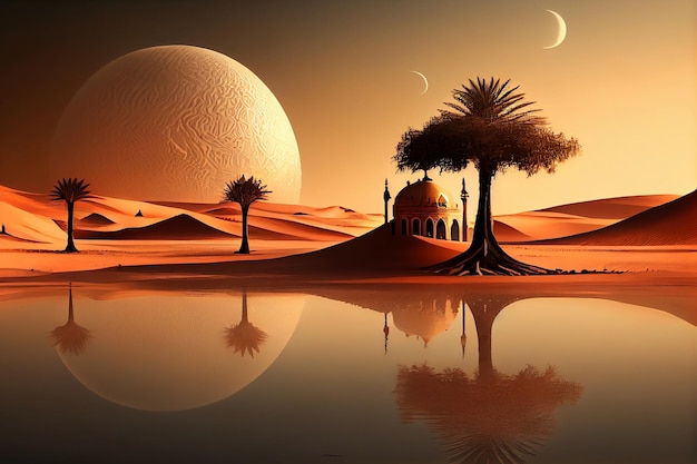 砂漠のナツメヤシの木にあるイスラム教徒のモスク ラマダン カリーム ジェネレーティブ Ai