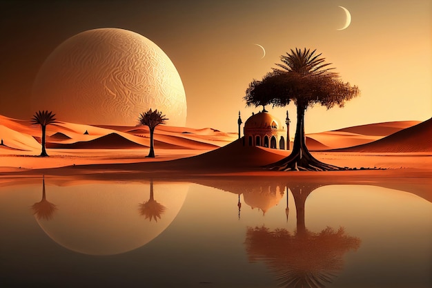 Muslim Mosque in the desert date tree Ramadan Kareem Generative Ai