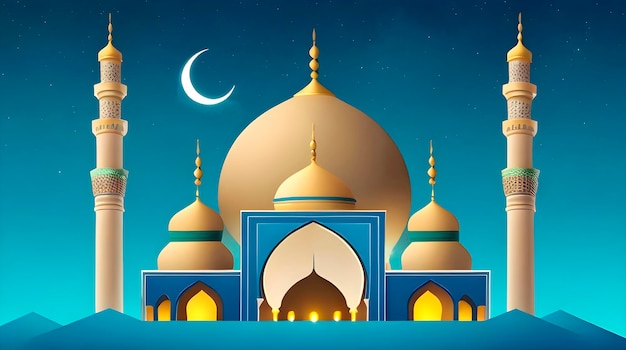 A muslim mosque in the night with a moon and stars