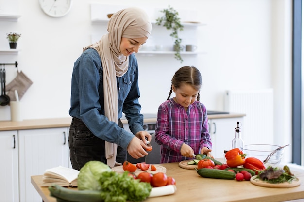 muslim mother and daughter preparing fresh salad together in kitchen