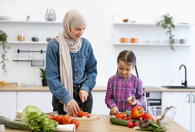 muslim mother and daughter preparing salad in modern kitchen