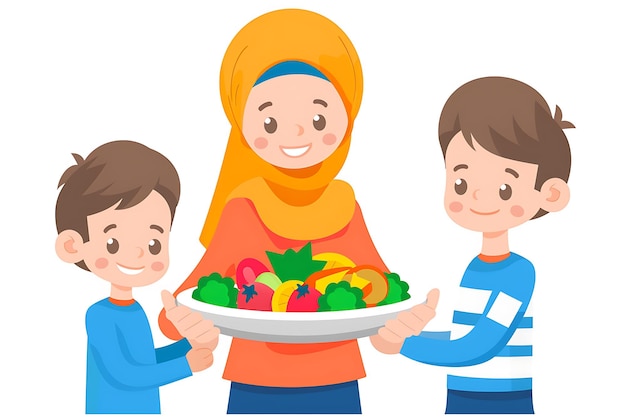 가족 저녁 식사를 위해 음식을 제공하는 무슬림 어머니