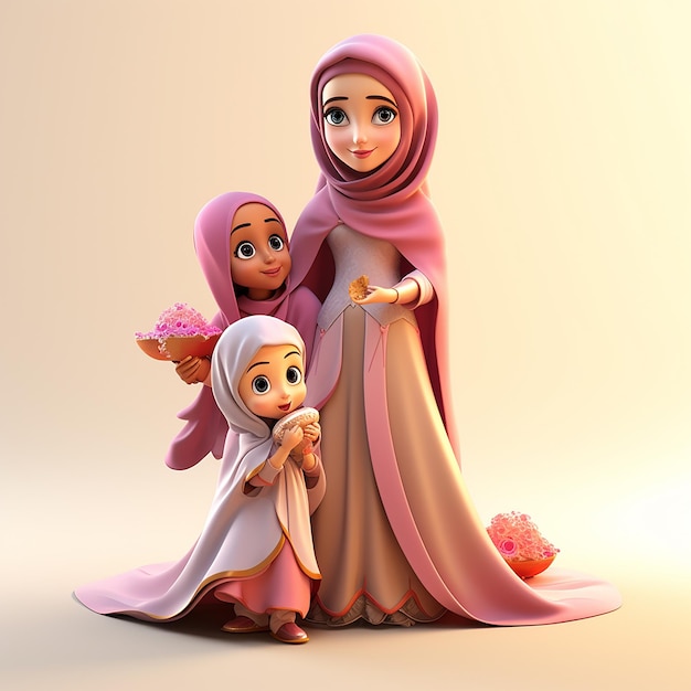 Muslim Mother With Her Children Wearing Hijab