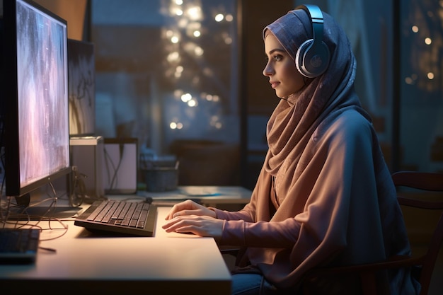 オフィスで働くイスラム教徒のオフィス女性 ボケスタイルの背景