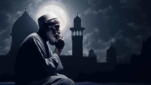 Мусульманский старик молится в мечети со звездами и полумесяцем лунной ночью Генеративный AI