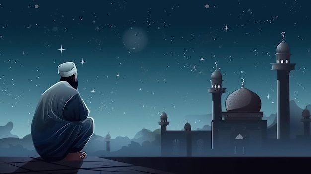 muslim old man praying on a mosque with starry and crescent moon moon night Generative AI