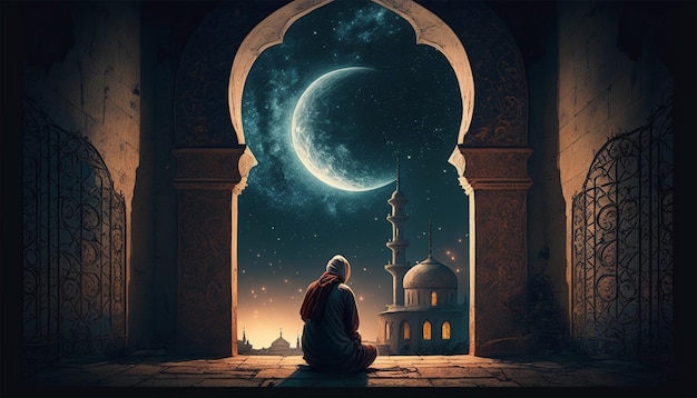 Photo muslim old man praying on a mosque with starry and crescent moon moon night generative ai