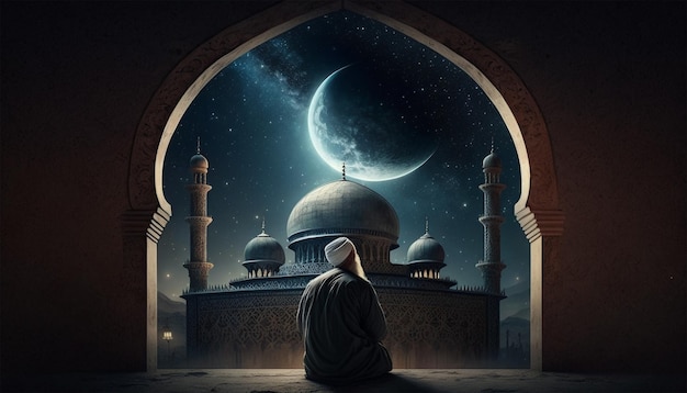 muslim old man praying on a mosque with starry and crescent moon moon night Generative AI