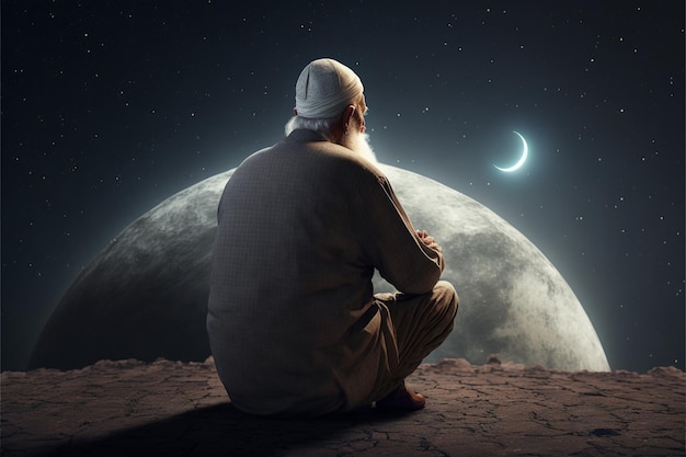 Muslim old man praying on a starry and crescent moon moon night Ramadan concept