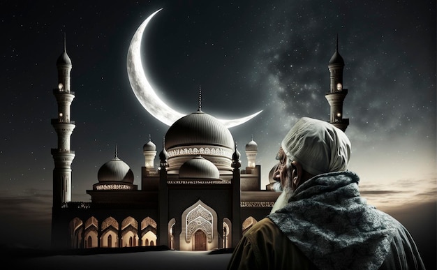 Muslim old man praying on a starry and crescent moon moon night