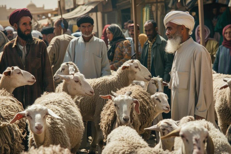 Photo muslim people at the animal market to buy goats sheep or cow for eid al adha